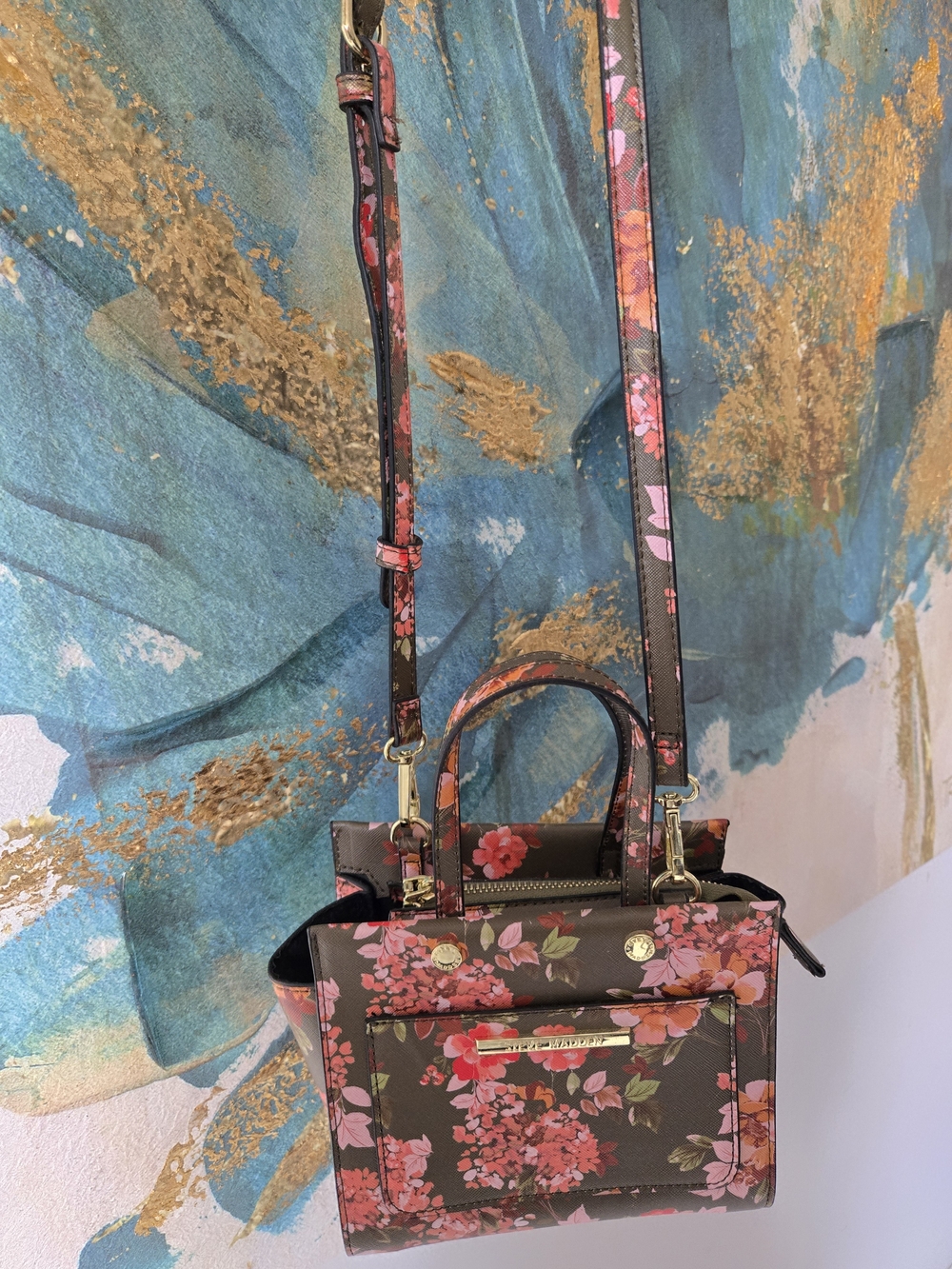 Steve Madden Brown Floral Crossbody Satchel with Pink & Orange Blooms